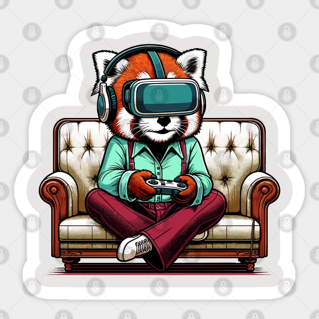 Red Panda gamer - Retro Gaming Bliss Sticker by TimeWarpWildlife